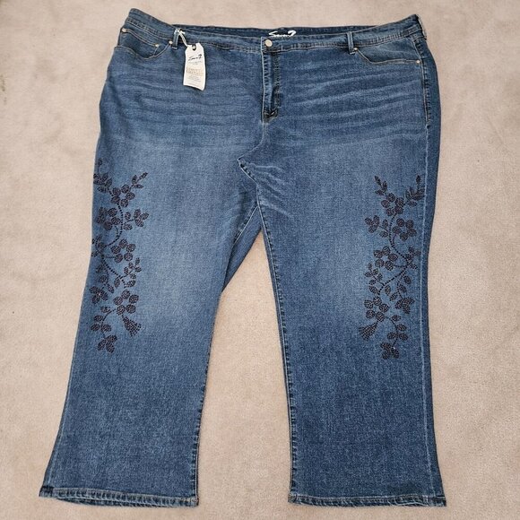 NEW Seven7 Blue Jeans Boyfriend Purple Floral Sequins Plus Size 38/40 - Picture 1 of 13